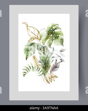 Pflanzen aus tropischem botanischen Garten mit exotischen Sträuchern und Kräutern auf Wandkunst. Aquarellgrafik Stock Vektor
