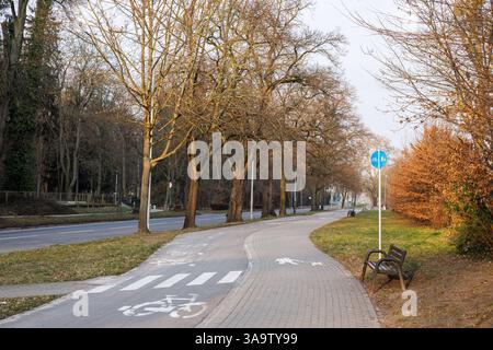 Fußgänger- und Fahrradwege mit Fußgängermarkierungen und Schildern. Stockfoto