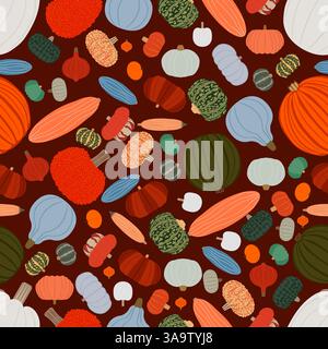 Nahtloses Muster mit verschiedenen Arten von Winterkürbis. Cucurbita maxima. Cucurbitaceae. Gemüse. Isolierte Vektordarstellung. Flacher STYLE. Stock Vektor