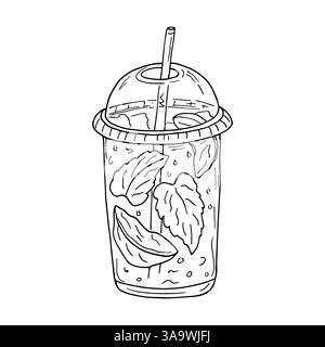 Ein handgezeichnetes Glas mit Limonade, einer Scheibe Zitrone, Minze und Eiswürfeln. Ein Getränk mit erfrischendem Saft, ein kalter Sportcocktail. Vektorillustration im Doodle-Stil, für Menügestaltung, Bars. Stock Vektor