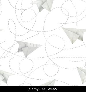 Papierflugzeuge aus Schulnotizbüchern. Digitale Aquarellabbildung. Nahtloses Muster fliegendes Papierflugzeug mit gepunkteter Streckenlinie, isoliert auf einem W Stockfoto