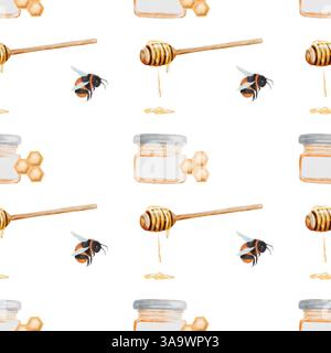 Muster Honig in Gläsern und Bienen Aquarell. Handgezeichnetes nahtloses Muster. Clip-Art-Essen. Ideale Zeichnung für Bio-Ladenverpackungen und Küchentextilien. Stockfoto