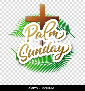 Goldener Palmensonntag-Schriftzug auf transparentem Hintergrund. Kreatives Banner mit Palmenzweigen und Text für den Gottesdienst am Palm Sunday. Vektorkarte Stock Vektor