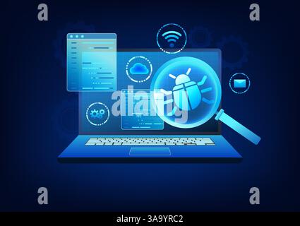 Sicherheitstechnologie mit Virenscanner auf Computern, um Diebstahl und Zerstörung wichtiger Daten zu verhindern. Laptop mit Lupe für VI Stock Vektor