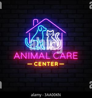 PET-Logo mit Hunden-, Katzen-, Neon-, Tier- und Shop-Elementen mit dem Text Animal Care Center. Leuchtende Hausumrisse und farbenfrohe Schriftzüge im Dunkeln Stock Vektor