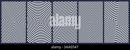 Schwarz-weiß-Design. Muster mit optischer Illusion. Abstrakter gestreifter Hintergrund mit Welleneffekt. 3D-Vektormuster für Broschüre, Jahresbericht, m Stock Vektor