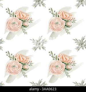 Aquarell Hand gezeichnetes nahtloses Muster mit verschiedenen pfirsichrosa Ranunkeln in Knospen und blühenden Blüten und verschiedenen Zweigen und Eukalyptus Stockfoto