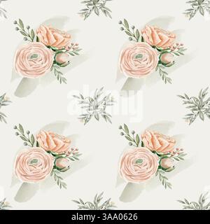 Aquarell Hand gezeichnetes nahtloses Muster mit verschiedenen pfirsichrosa Ranunkeln in Knospen und blühenden Blüten, verschiedenen Zweigen und Eukalyptus Stockfoto