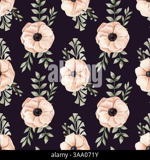 Aquarell Hand gezeichnetes nahtloses Muster mit verschiedenen pfirsichrosa Anemonen in blühenden Blumen und verschiedenen Zweigen auf dunklem Hintergrund Stockfoto