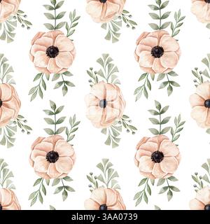 Aquarell handgezeichnetes nahtloses Muster mit verschiedenen pfirsichrosa Anemonen in blühenden Blumen und verschiedenen Zweigen Stockfoto