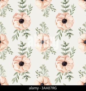Aquarell Hand gezeichnetes nahtloses Muster mit verschiedenen pfirsichrosa Anemonen in blühenden Blumen und verschiedenen Ästen auf hellgrünem Hintergrund Stockfoto