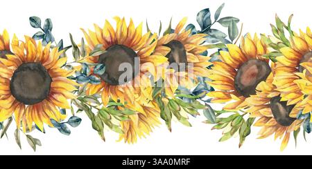 Herbst florale nahtlose Grenze mit Sonnenblume und eukalyptusgrünen Zweigen Illustration. Handgezeichnetes botanisches Banner mit Feldblüte und Grün für Stockfoto