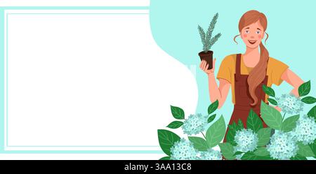 Vektor-Illustration einer lächelnden Frau, die einen Topf hält, umgeben von üppigen Blumen. Stock Vektor