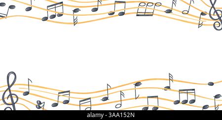 Schwarze Notenzeichen in Aquarellfarbe auf gelbem horizontalen Rand mit leerem Textfeld. Schwebende Soundsymbole auf dem grafischen Notenrahmen isoliert Stockfoto