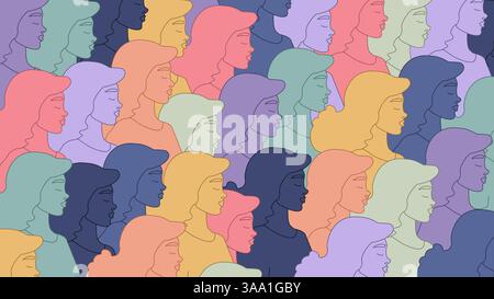 Silhouetten für Frauen in verschiedenen Farben. Regenbogenfarben für Damen. Das Konzept der Vielfalt und des Vertrauens von Frauen. Frauenhintergrund. Die Kraft der Frauen. Stock Vektor