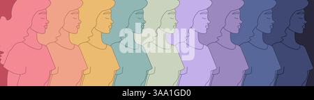 Silhouetten für Frauen in verschiedenen Farben. Regenbogenfarben für Damen. Das Konzept der Vielfalt und des Vertrauens von Frauen. Frauenhintergrund. Stock Vektor