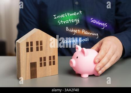 Immobilienkaufplan. Budgetierung, Hypothekenoptionen und Immobilienauswahl. Erschwinglichkeit, zukünftiger Investitionswert. Stockfoto