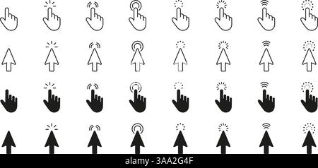 Cursor Und Zeiger Klicken Auf Gestenlinie Und Symbolsatz Volumenkörper. Digitale Navigation Und Touchscreen-Interaktionssymbole. Isolierter Vektor Stock Vektor