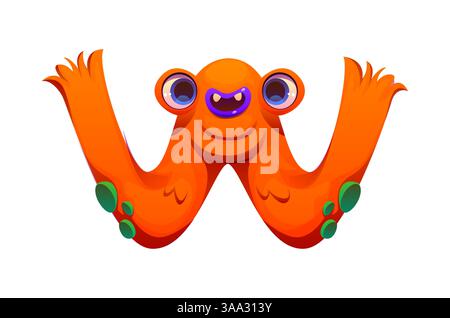 Verrückte Monster Charakter Zeichentrick Schriftart Buchstabe W. Spooky Horror Monster Charakter Kinder ABC Typ Buchstaben, Fantasy Vogelscheuchen Vektor Englisch Alphabet Zeichen. Halloween Kreatur Schriftart Element Stock Vektor