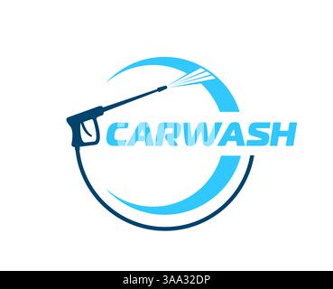 Autowaschservice-Symbol der Hochdruckreiniger-Pistole mit Spritzer in Spritzblase, Vektorsymbol. Wasch-Service-Emblem für Auto- und Fahrzeugreinigung Garage mit Schild für Hochdruckwaschpistole Stock Vektor