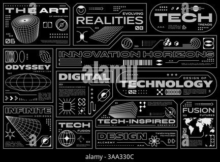 Retro-futuristische Cyberpunk-Labels mit abstrakten Technologieformen und -Figuren, Vektorsymbolen. Brutalism Design und retrofuturistische Etiketten, futuristische Technologie oder innovationstechnische 3D-Drahtmodellelemente Stock Vektor