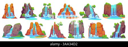 Wasserfälle mit Karikaturen, umgeben von Bergen und Dschungelwäldern. Vektor Natur Landschaft Landschaft Landschaft Blick auf Wasserfälle, Gebirgsfluss oder Bachkaskaden, blaue Wasserspritzer, Nebel und Tropfen Stock Vektor