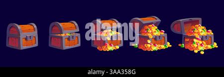 Zeichentrick Piraten Schatztruhe animiertes Spiel Sprite Blatt Effekt, Vektor Animation VFX. Piraten-Schatzkiste geschlossen und geöffnet animierte Effekt- oder Sprite-Bogen für Box mit Goldmünzen und Edelsteinen Stock Vektor