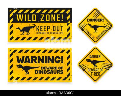 Dinosaurier-Warnschilder mit Kratzspuren. Hüte dich vor Dino-Monstern, Gefahrenzone und bleib fern Vektor-gelbe Grunge-Banner. Warnhinweise bei tyrannosaurus- und monolophosaurus-Dinosauriern Stock Vektor