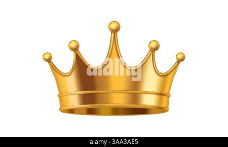 3D realistische goldene Königskrone mit Kugeln oben. Isolierter Vektor Gelb Metallic Gold königliches luxuriöses Symbol der imperialen Macht, Prestige, Monarchie, Führung, Sieg, Reichtum und Adel Stock Vektor