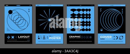 Schweizer Grafikplakate mit abstrakten y2k brutalen geometrischen Formen. Abstrakte Vektor moderne vertikale Vorlagen in blauen und schwarzen Farben, die zeitgenössisches brutalistisches Design für Retro y2k Kunstausstellungen schaffen Stock Vektor