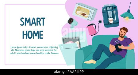 Smart Home-Technologie mit entspanntem Mann auf Sofa Stock Vektor