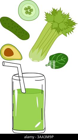 Grüner Gemüse-Smoothie-Saft. Vektor flache Illustrationskomposition mit grünem Glas und Gemüse. Illustration für Paket, Küchendesign, Stoff A Stock Vektor
