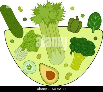 Grünes Gemüse in Schüsselzusammensetzung. Vector flache Schüssel mit frischem Gemüse und Gemüse. Gemüsehintergrund für Banner, Druck für Stoff, Etiketten, t Stock Vektor