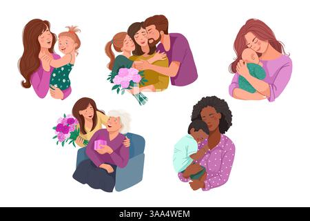 Muttertag. Familienmomente mit Umarmungen und Blumen Stock Vektor