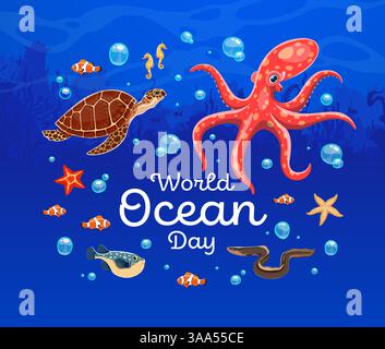 World Oceans Day Banner mit lustigen Unterwasserfischen und -Tieren, Vektormeer Natur. World Oceans Day Banner für die Natur des Meeres und die Erhaltung der Ökologie der Korallenriffe oder den Schutz der Meeresfauna Stock Vektor