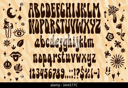 Groovige psychedelische Schrift, Retro Hippie Trippy Typ, 60er Jahre Schriftart, Vintage englische Alphabet Vektor Typografie Set. Funky psychedelische Schriftart abc Buchstaben und Zahlen, Hippie Pilze, Blumen- und Sonnensymbole Stock Vektor