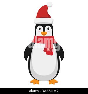 Ein fröhlicher kleiner Pinguin mit farbenfroher Weihnachtsmütze und einem kuscheligen roten Schal, ideal für Urlaubsthemen Stock Vektor