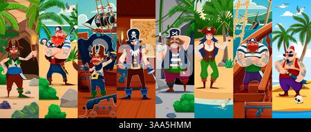 Cartoon-Piraten und Korsair-Charaktere Collage der Schatzinsel, Vektor-Hintergrund. Karibische Piraten auf dem Schiff, Kapitän im Dreikornhut, Kapitän mit Säbelschwert und Korsair-Matrose mit Holzbein Stock Vektor