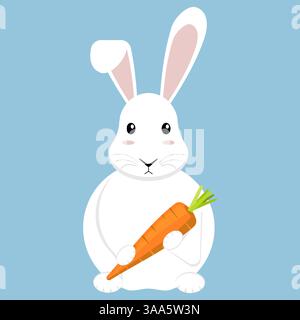 Ein entzückender Karikaturhase, der fröhlich eine leuchtend orange Karotte hält, perfekt für Frühlings- oder Osterthemen Stock Vektor