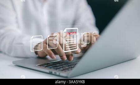 Rechnung für Zahlung, digitales Rechnungsdokument, Lösungen zur Online-Rechnungsverarbeitung und Steuerbuchhaltung, e-Invoice und digitales Rechnungskonzept, Human US Stockfoto