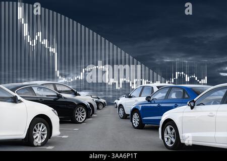 Dokumentieren Sie einen Hintergrund von Autos. Ein Symbol der Krise in der Automobilindustrie. Stockfoto