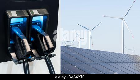 Ladestation für Elektrofahrzeuge, die Energie aus Solarpaneelen bezieht. Nahaufnahme... Stockfoto