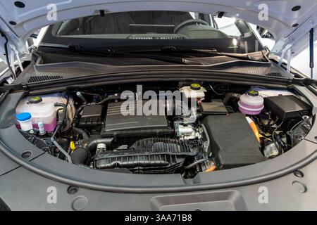 Hybryd-Auto mit offener Motorhaube. Nahaufnahme von Wechselrichter und Motor. Stockfoto