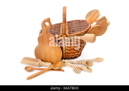 Set aus Küchenspateln und Löffeln isoliert auf weißem Hintergrund. Stockfoto