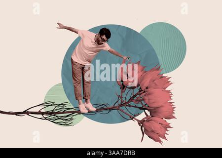 Skizze Bild Trend Artwork Montage Foto Collage des jungen Mannes Stand verwirrtes Gesicht Balance Blume Pflanze Blumenstrauß Natur Frühling Jahreszeit Stockfoto