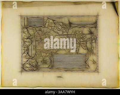 Eine abstrakte Darstellung mit einer komplexen Anordnung von eckigen Formen und Linien, eingerahmt von rechteckigen Elementen, die ein Gefühl von Tiefe und Textur schaffen., Klassische Kunst mit einem modernen Twist neu interpretiert von Artotop, basierend auf Britannia, 1558, Nachdruck 1889, Unbekannter Künstler, Englisch, 19. Jahrhundert, England, Holzschnitt in Schwarz auf cremefarbenem Büttenpapier, 258 x 350 mm Stockfoto