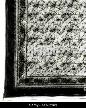 Ein kompliziertes Muster mit zarten Linien und Texturen, eingerahmt von einem auffälligen Rand. Das Design umfasst verschiedene Formen, die ein Gefühl von Tiefe und Bewegung schaffen., Klassische Kunst mit einem modernen Twist, neu interpretiert von Artotop, basierend auf Panel (möglicherweise Schal oder Bettdecke), 19. Jahrhundert, Frankreich oder England, Frankreich, Baumwolle, Leinwandbindung, Block bedruckt, 270,5 x 227,4 cm (106 1/2 x 89 1/2 Zoll) Stockfoto