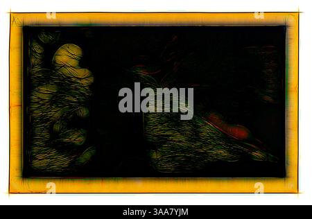 Eine surreale Komposition mit abstrakten Formen und fließenden Linien, eingerahmt von einer lebendigen Grenze, die einen Kontrast zum dunkleren Hintergrund bildet. Das Zusammenspiel von Licht und Schatten erzeugt ein Gefühl von Tiefe und Bewegung, das an eine traumhafte Qualität erinnert., Klassische Kunst mit modernem Twist neu interpretiert von Artotop, basierend auf Auti te Pape (Frauen am Fluss), aus der Noa Noa Suite, 1894, Paul Gauguin (Französisch, 1848-1903), gedruckt in Zusammenarbeit mit Louis Roy (Französisch, 1862-1907), Frankreich, Holzblockdruck in schwarzer Tinte, über schablonierter dunkelroter Tinte und einem gelben Farbton-farbenen Farbblock auf Papier (Japan Stockfoto