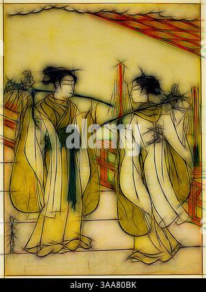 Zwei elegant gekleidete Figuren in traditioneller Kleidung, umgeben von stilisierten Elementen, die auf eine ruhige Umgebung hinweisen. Die komplizierten Linien und sanften Farben wecken ein Gefühl von Kunstfertigkeit und kulturellem Reichtum., Klassische Kunst mit einem modernen Twist neu interpretiert von Artotop, basierend auf Shrine Maidens Onami und Ohatsu Dancing at Yushima Tenjin Shrine, ca. 1769, Suzuki Harunobu 鈴木 春信, Japanisch, 1725 (?)-1770, Japan, Farbholsteindruck, Chuban, 3/4 x 3/4 Zoll Stockfoto