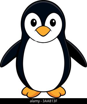 Ein niedlicher schwarz-weißer Pinguin, der auf zwei Füßen steht und arktische Tierwelt, kalte Klimazonen und bezaubernde Tiere repräsentiert. Stock Vektor